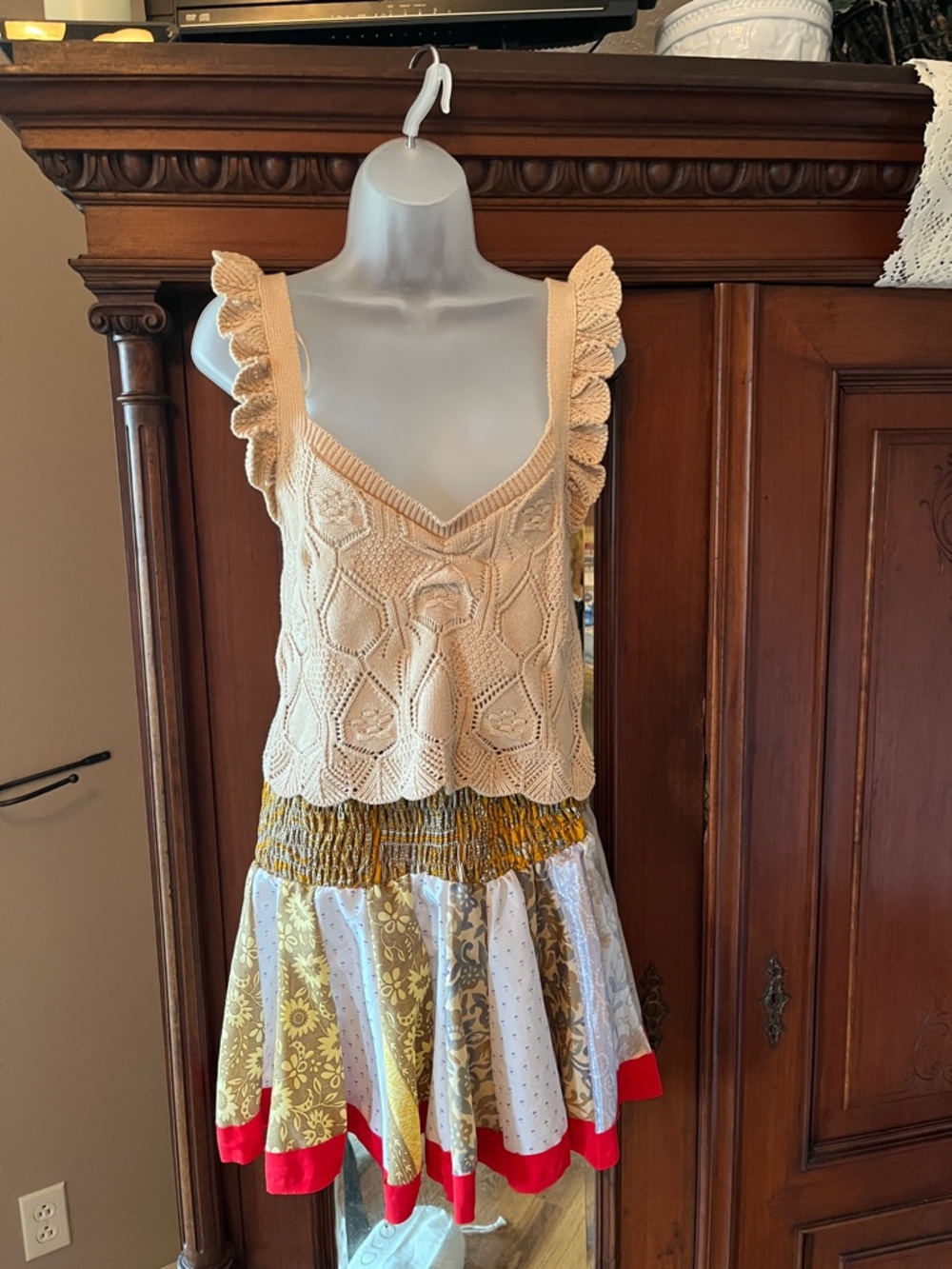 Chelsea & Violet Cream Crochet Ruffle Strap Tank with Patchwork Skirt